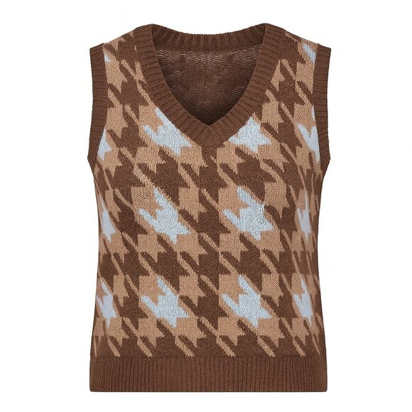 Neon Soul Houndstooth Sweater Vest Women’s M Brown Beige Blue Retro Preppy Knit - Picture 1 of 8